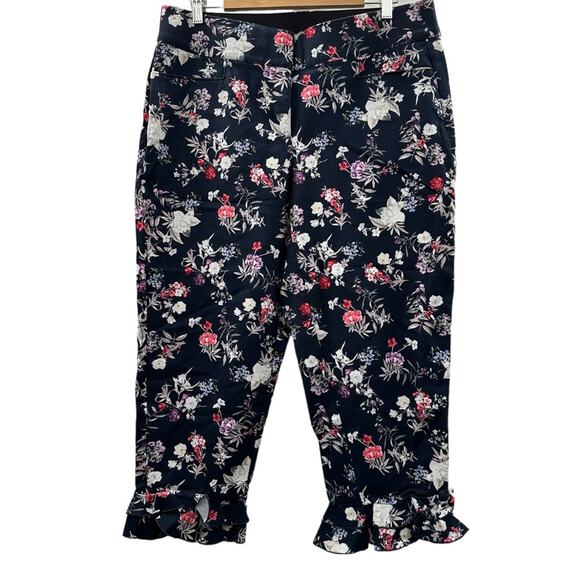 Lane Bryant The Allie Navy Blue Multicolor Floral Ruffle Cropped Pants Sz 14‎ - Picture 1 of 13